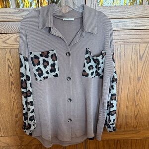 Brown Button-Up Shirt with Leopard Print Accents